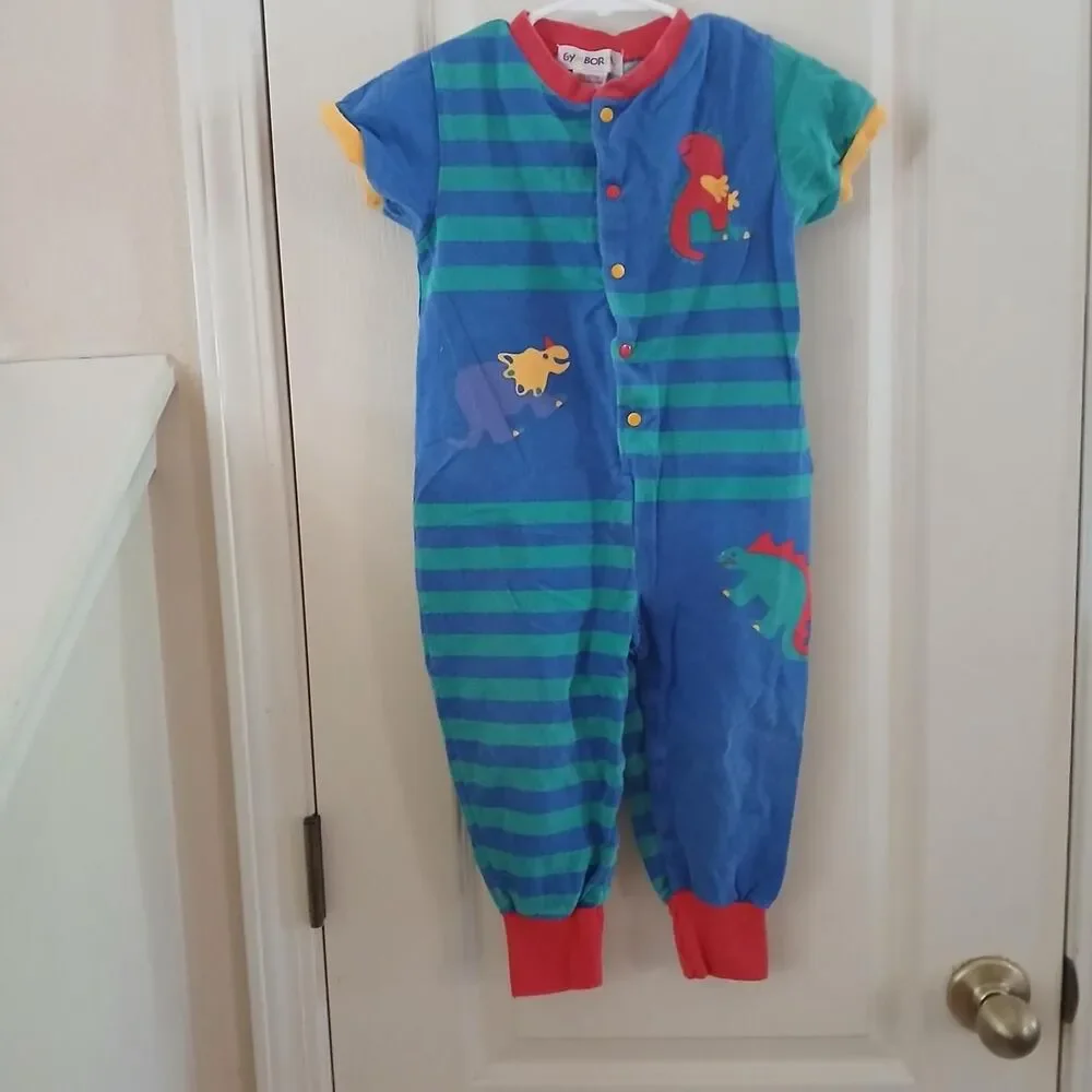 Vintage 90s Gymboree Dinosaur Colorblock Patch Striped One Piece Jumpsuit S